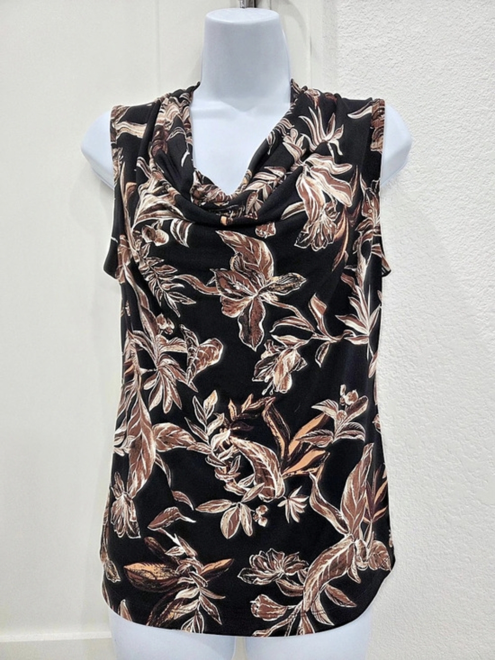 Tahari Floral Cowl Neck Top in Black & Brown Size Medium